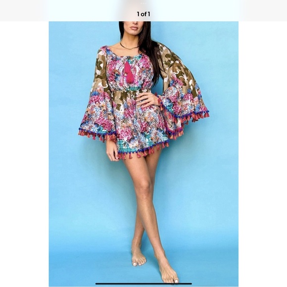 Antica sartoria Vibrant Floral Romper with Bell Sleeves off shoulder NWT O/S - Picture 1 of 1